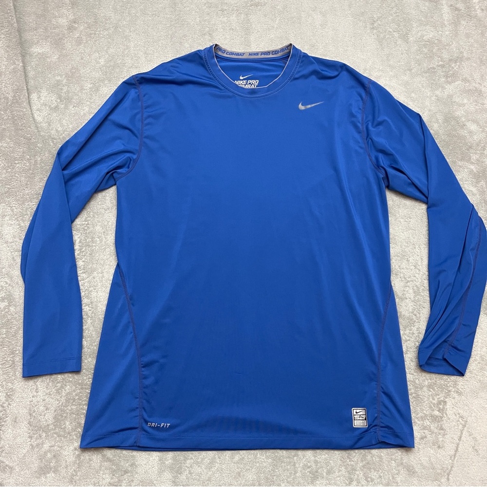 Nike Pro Combat Long Sleeve Shirt Blue Dri-Fit Fitted Athletic Compression XXL
